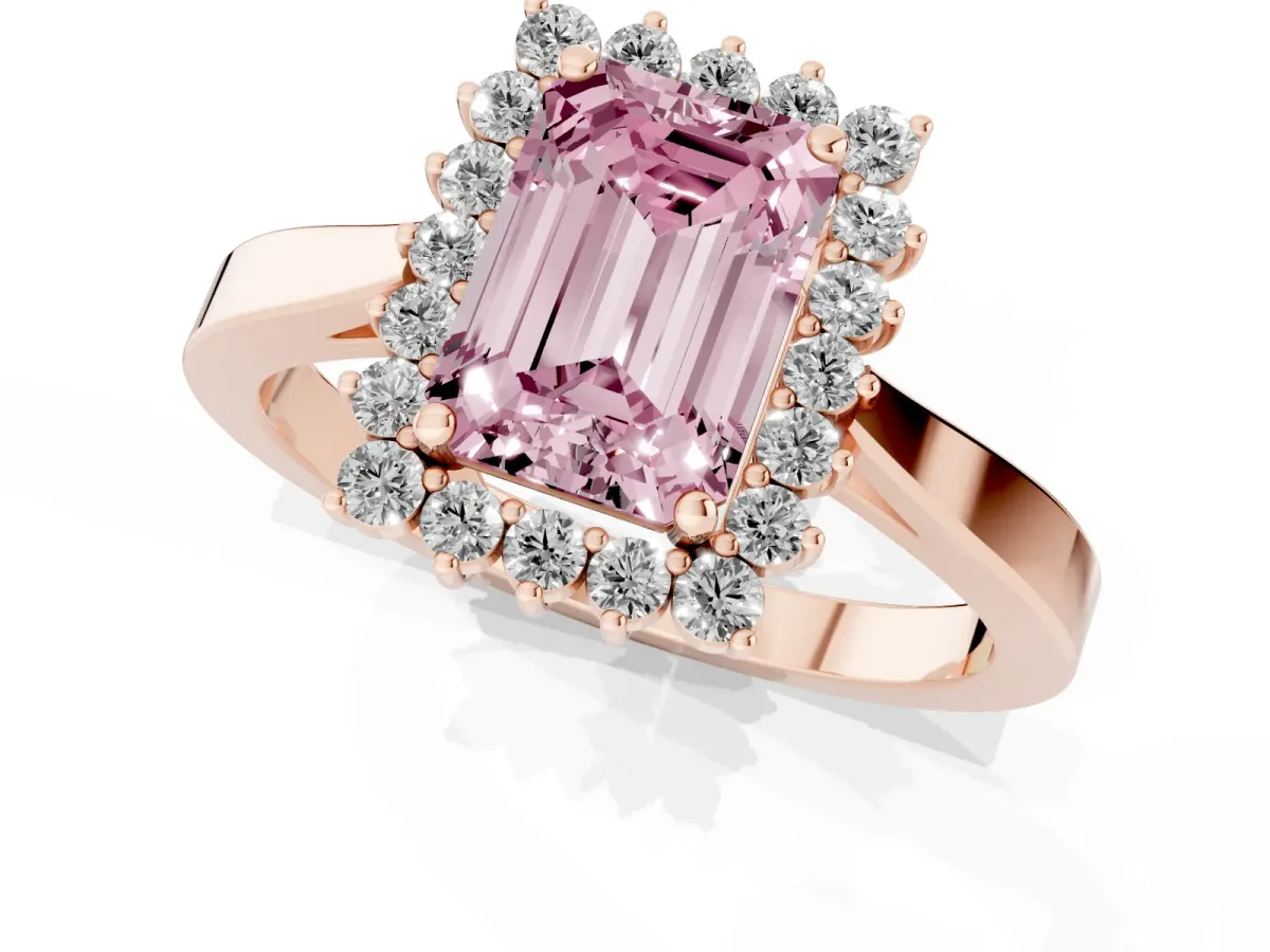 Fancy Pink Emerald Cut Cut Diamond Halo Ring with Round Brilliant Halo and Solitaire Band Rose gold