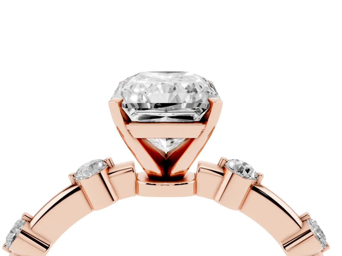 Radiant Cut Solitaire Diamond Ring with Bezel Set Side Stones and Prong Setting Rose gold