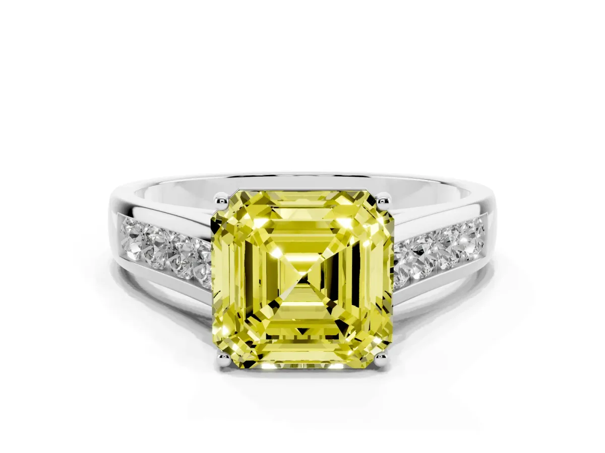 Fancy Yellow Asscher Cut Brilliant Channel-Set Solitaire Ring with Four-Prong Setting Silver