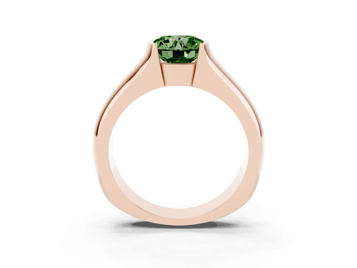 Fancy Green Round Cut Solitaire Bezel Set Diamond Ring with Wide Band Rose gold