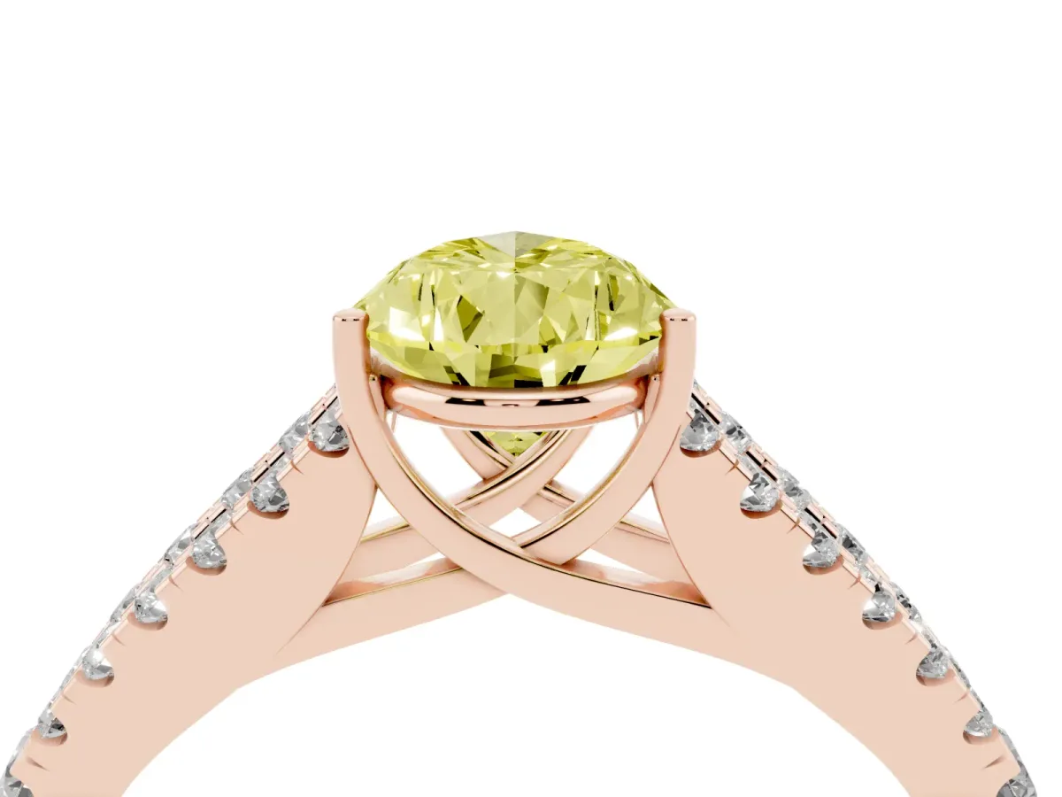 Fancy Yellow Pear Cut Diamond Split Shank Engagement Ring with Round Pavé and Prong Setting Rose gold