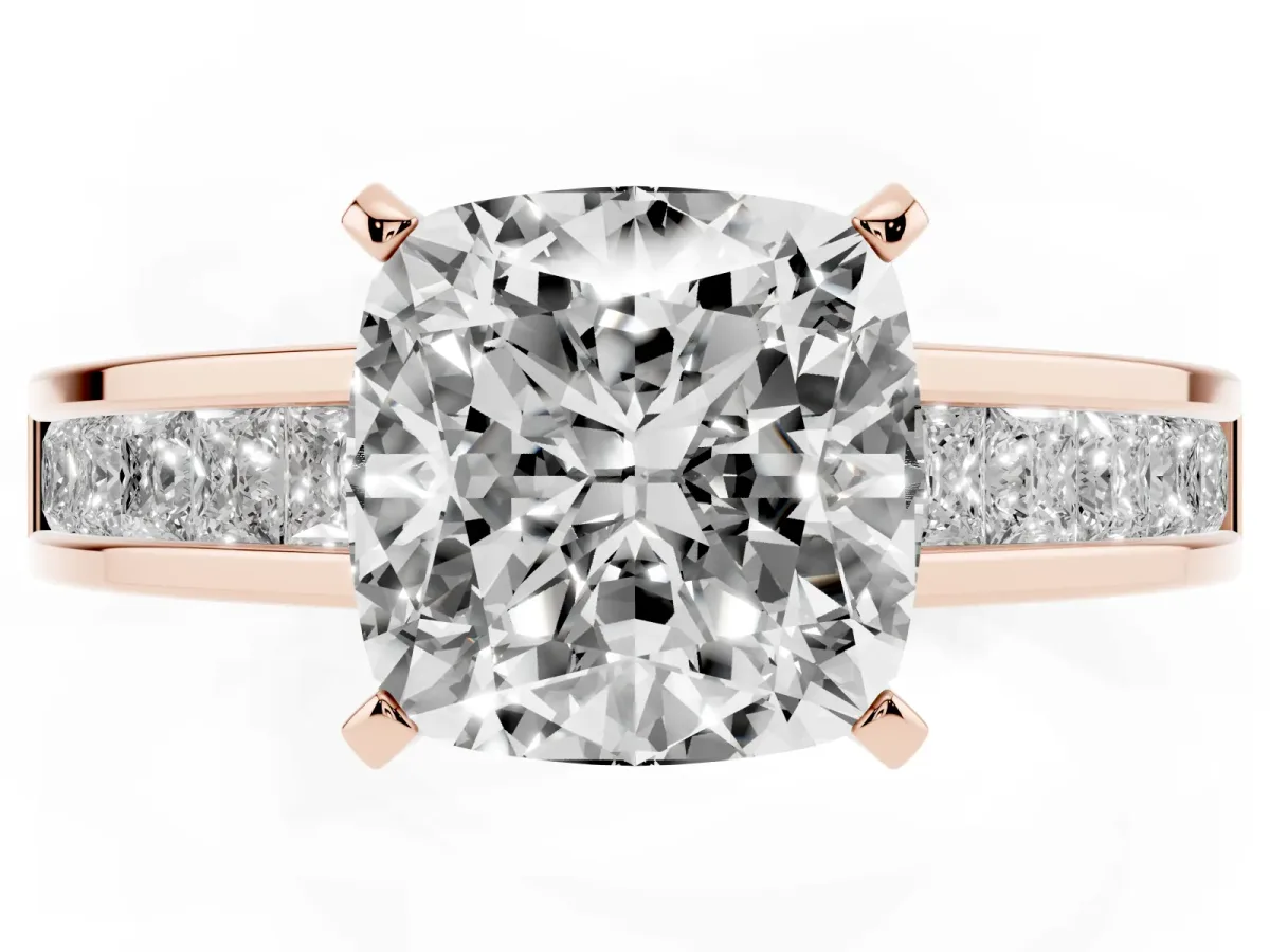 Cushion Cut Solitaire Diamond Ring with Channel-Set Band and Four-Prong Setting Rose gold