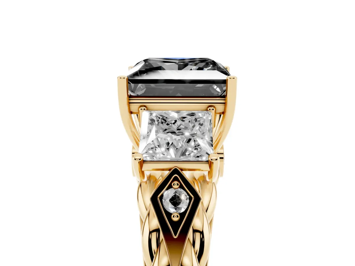 Fancy Black Three-Stone Princess Cut Diamond Braided Band Ring with Four-Prong Setting Yellow gold