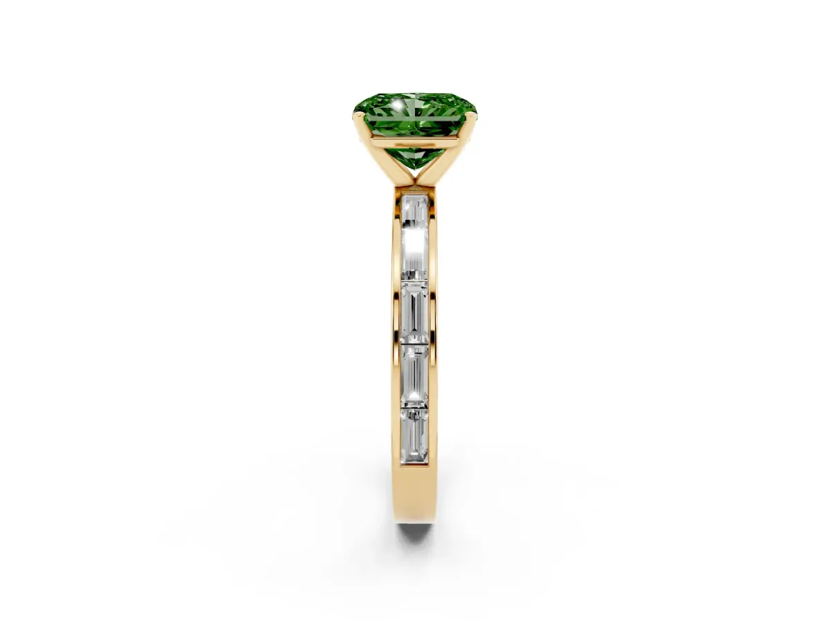 Fancy Green Radiant Cut Solitaire Diamond Ring with Channel-Set Baguette Band and Four-Prong Setting Yellow gold