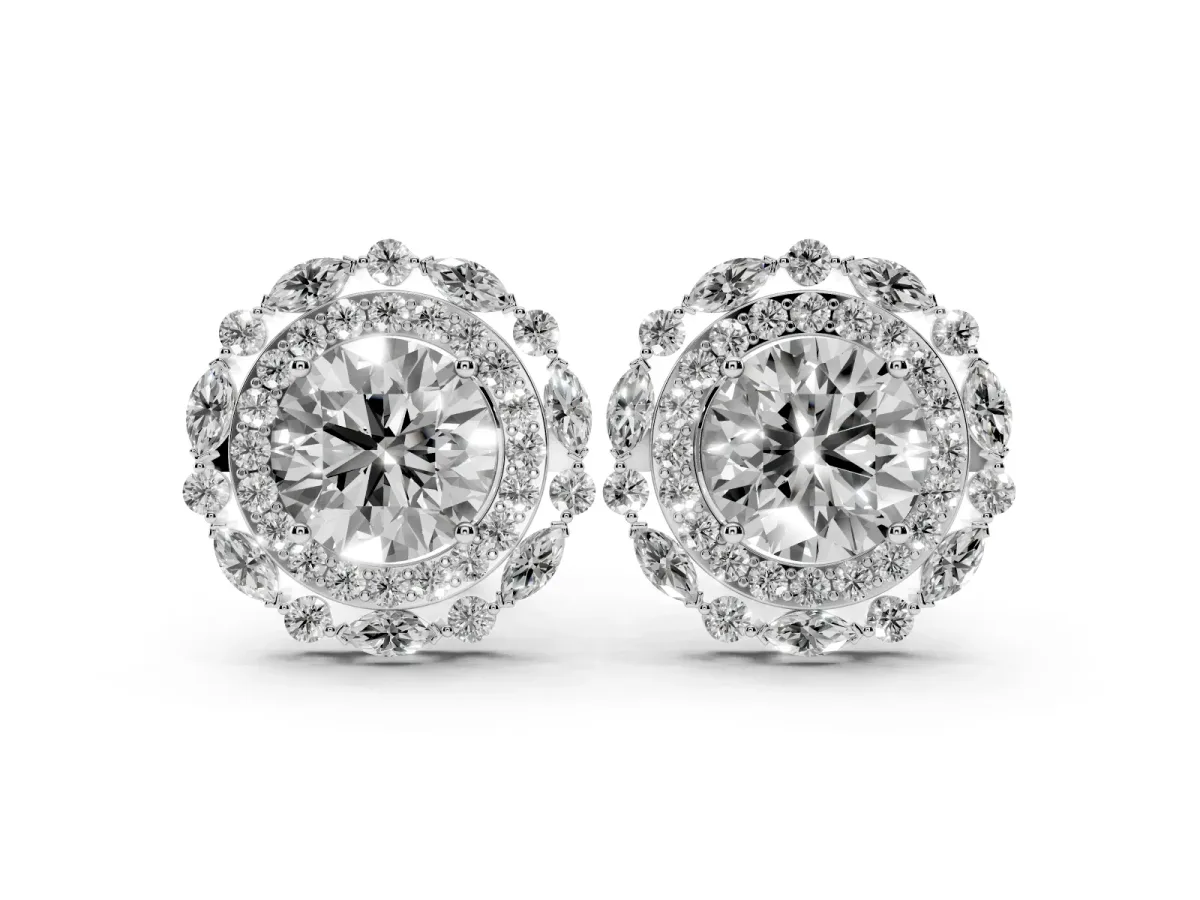 Round Diamond Double Halo Stud Earrings with Prong Setting Platinum