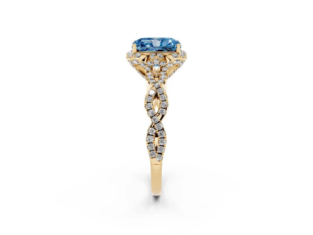 Fancy Blue Radiant Cut Halo Twist Band Solitaire Ring with Six-Prong Setting Yellow gold