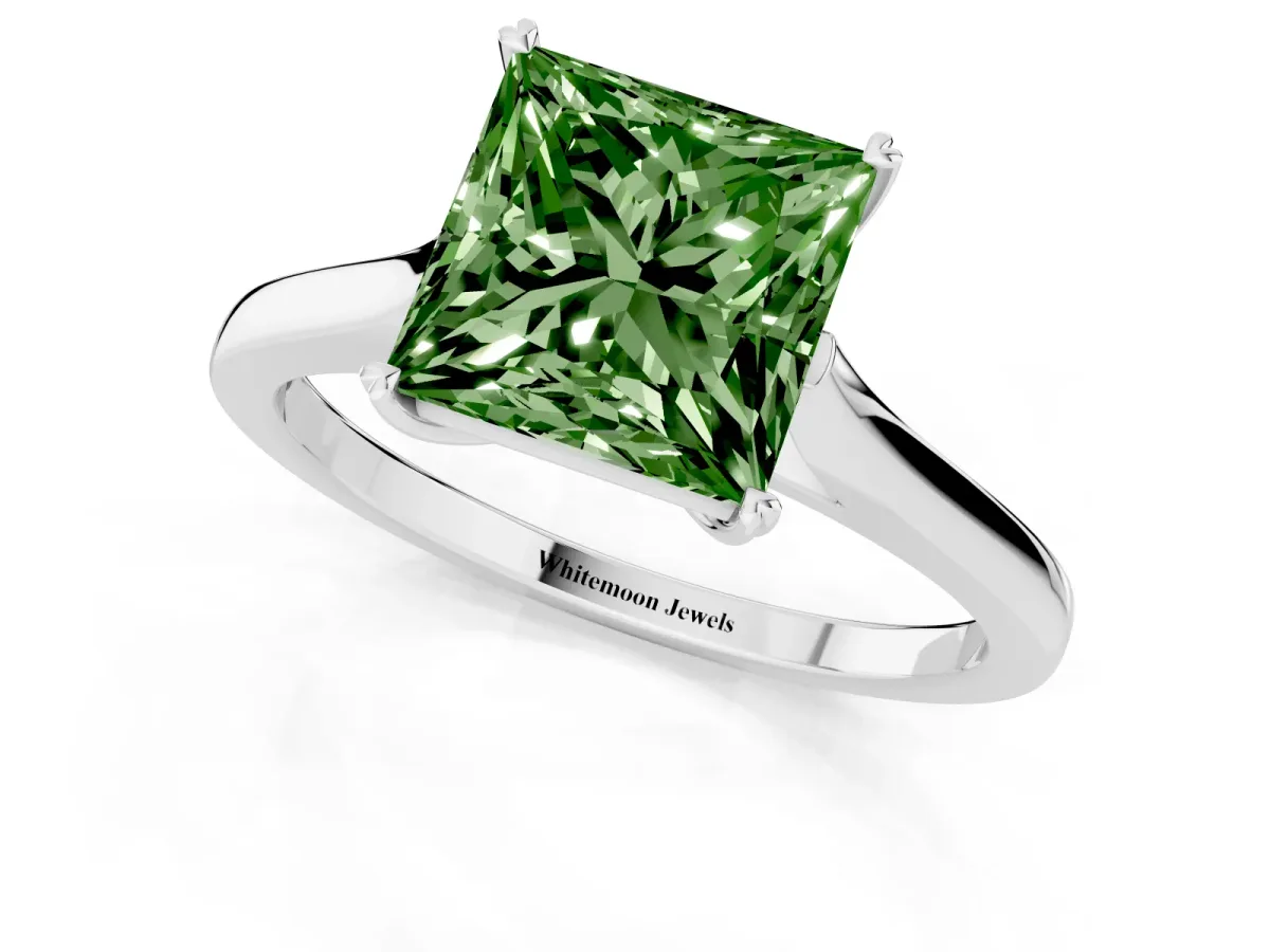 Fancy Green Princess Cut Solitaire Heart Prong Engagement Ring with Tapered Band Platinum