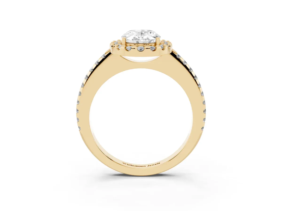 Oval Cut Diamond Pavé Halo Ring with Four-Prong Setting Yellow gold