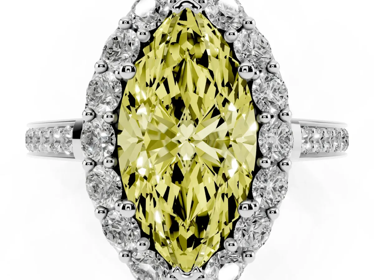 Fancy Yellow Marquise Cut Diamond Floral Halo Ring with Pavé Band and Prong Setting Platinum
