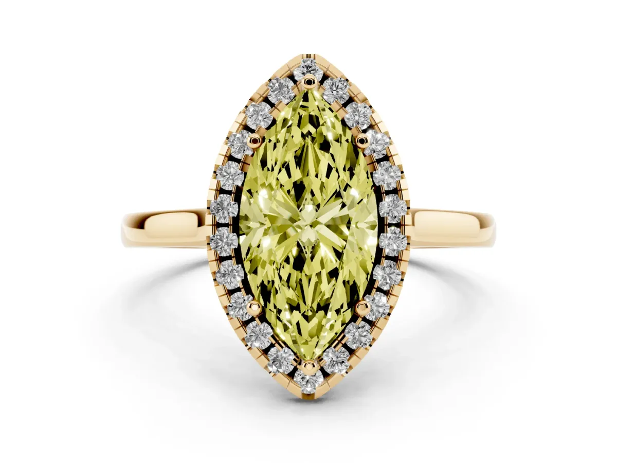 Fancy Yellow Marquise Cut Halo Round Diamond Solitaire Ring with Pavé Band and Four-Prong Setting Yellow gold
