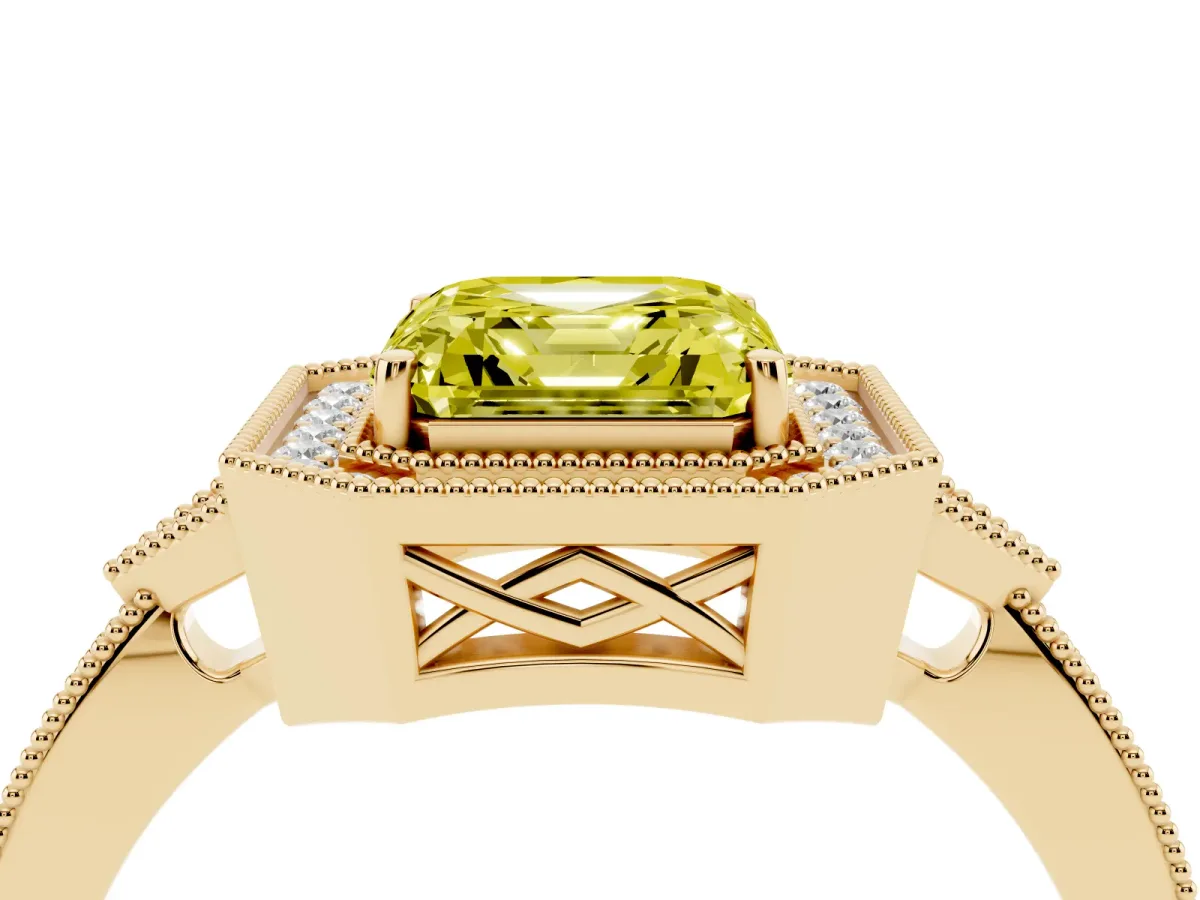 Fancy Yellow Asscher Cut Halo Round Diamond Milgrain Pave Engagement Ring Yellow gold