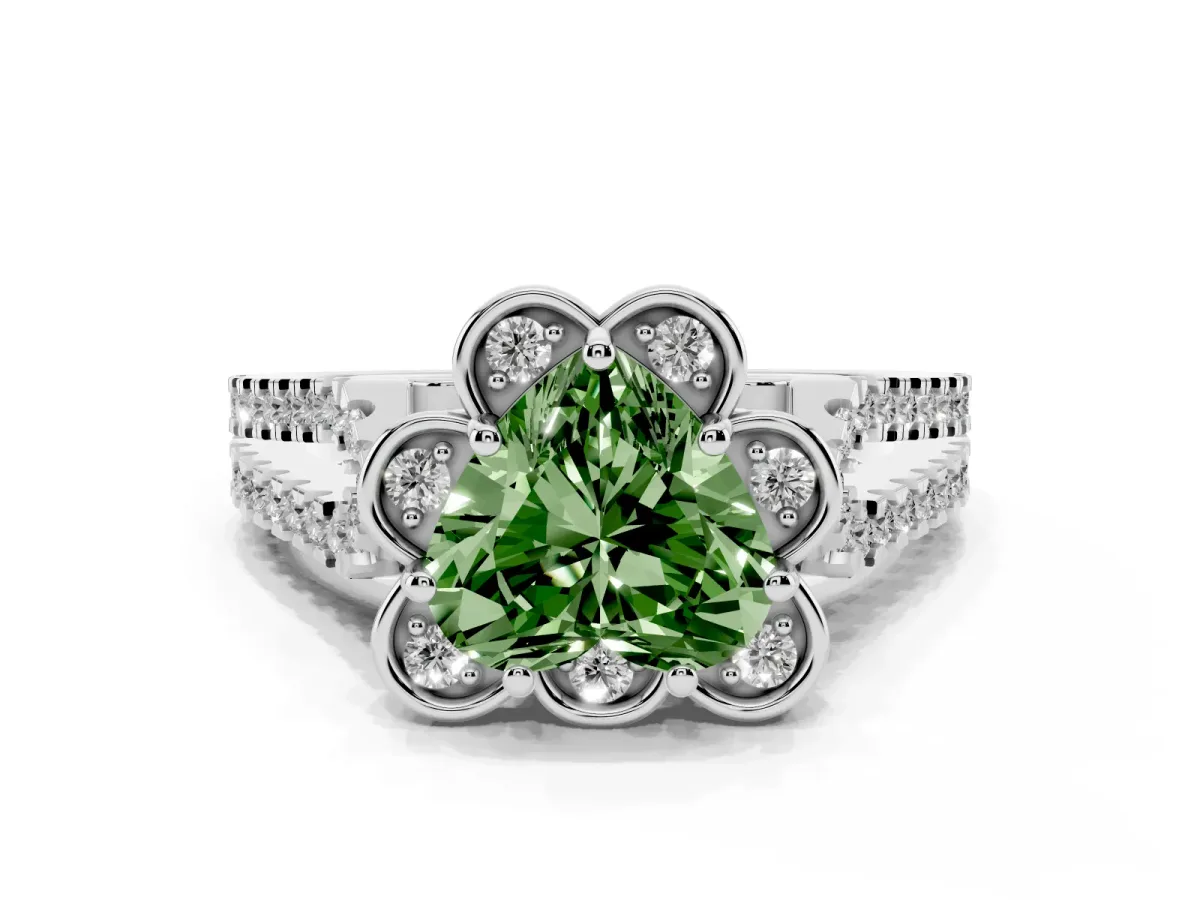 Fancy Green Heart Cut Halo Diamond Floral Split Shank Engagement Ring Silver