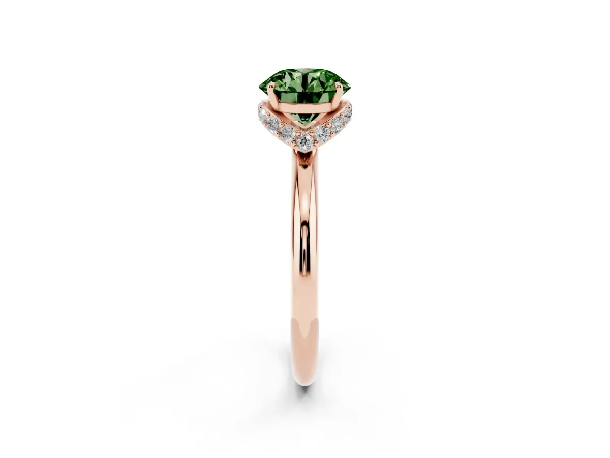 Fancy Green Round Cut Brilliant Solitaire Engagement Ring with Six-Prong Setting and Classic Band Rose gold