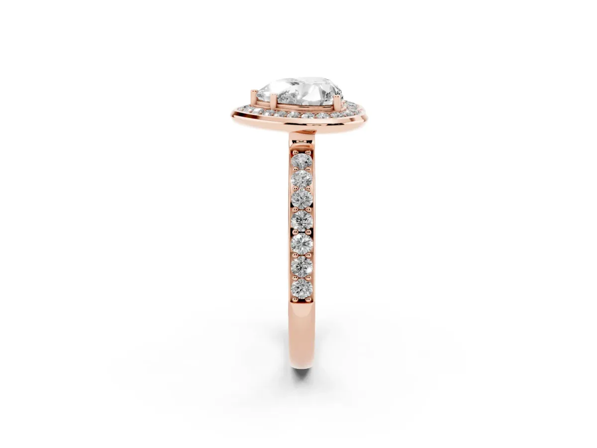 Heart Cut Diamond Halo Ring with Bezel Frame and Pavé Band Rose gold