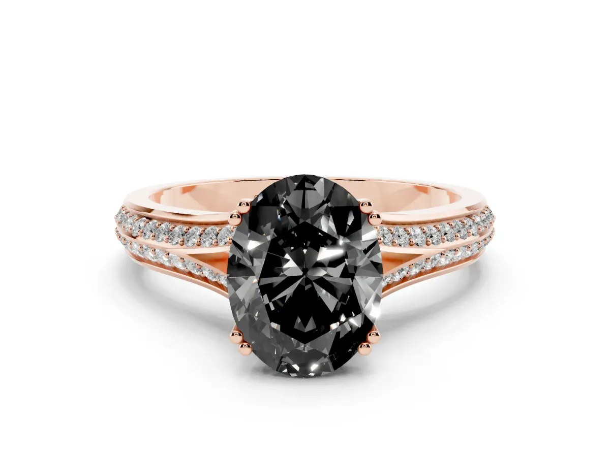 Fancy Black Oval Cut Diamond Split Shank Engagement Ring with Pavé Band Rose gold