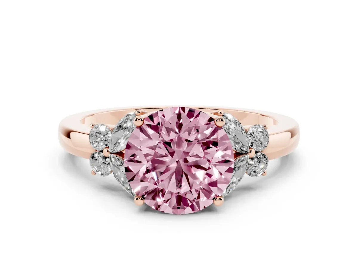 Fancy Pink Round Cut Cut Solitaire Floral Diamond Ring with Four-Prong Setting Rose gold