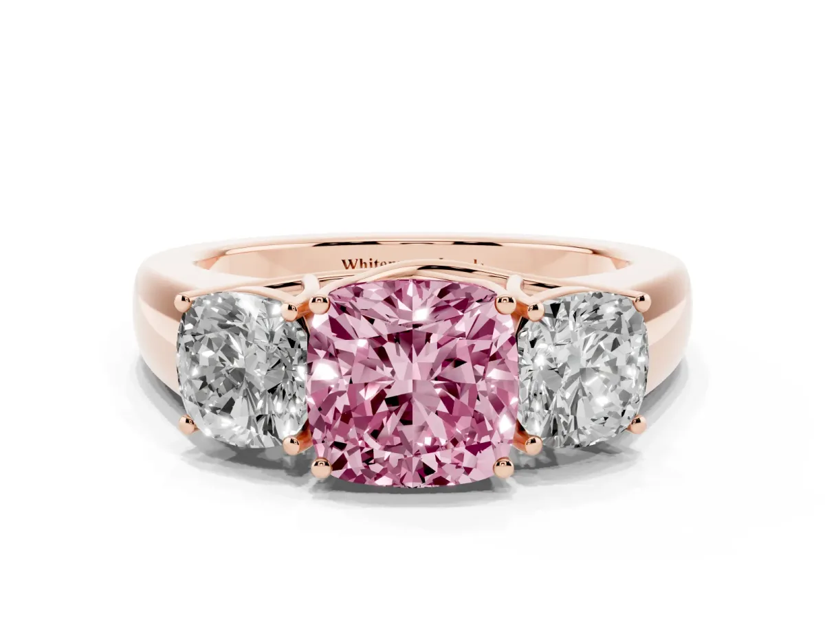 Fancy Pink Three-Stone Cushion Cut Cut Diamond Ring with Prong Setting and Classic Band Rose gold