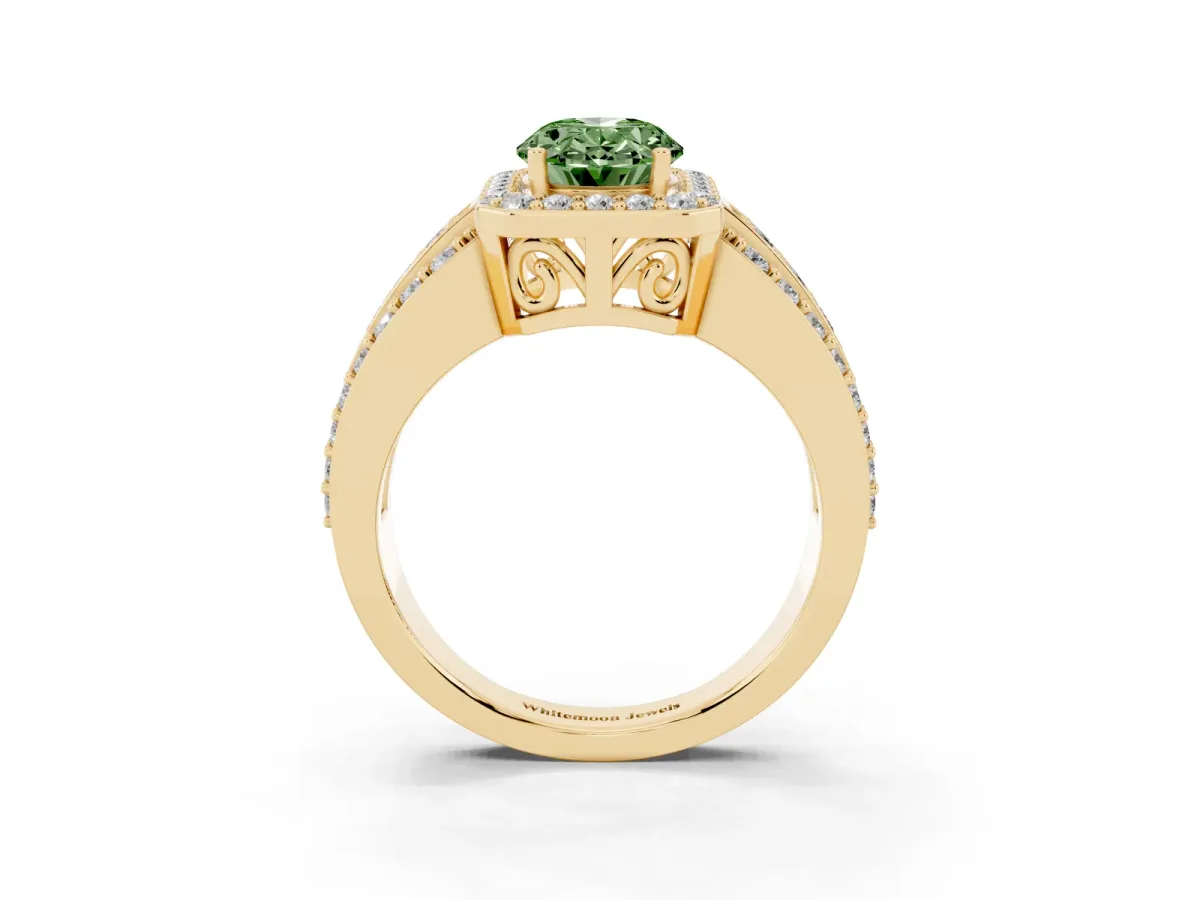 Fancy Green Oval Cut Halo Diamond Ring with Round Split Shank and Prong Setting Yellow gold