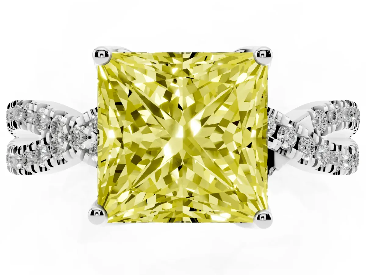 Fancy Yellow Princess Cut Solitaire Twist Pave Diamond Engagement Ring with Prong Setting Silver