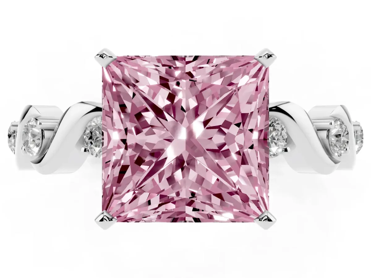 Fancy Pink Princess Cut Diamond Solitaire Twisted Band with Round Accents and Prong Setting White gold