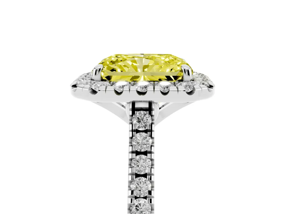 Fancy Yellow Radiant Cut Diamond Cushion Halo Ring with Pavé Band Silver
