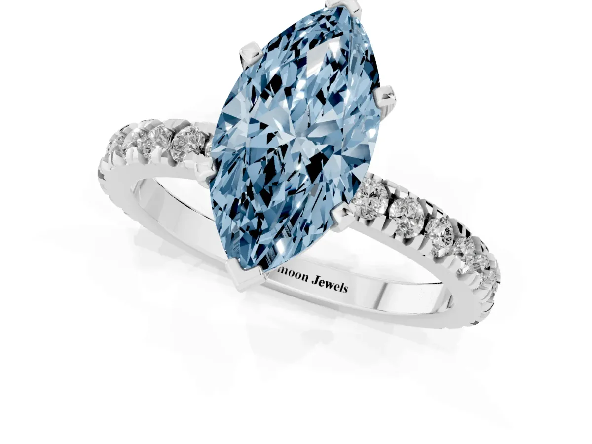 Fancy Blue Marquise Cut Diamond Pavé Band Solitaire with Four-Prong Setting Silver