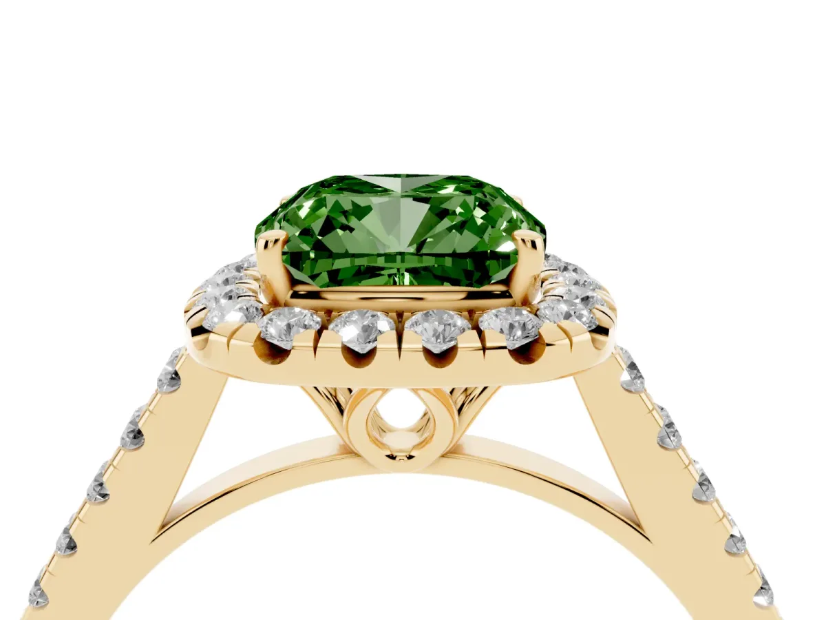 Fancy Green Cushion Cut Halo Pavé Diamond Engagement Ring with Four-Prong Setting Yellow gold