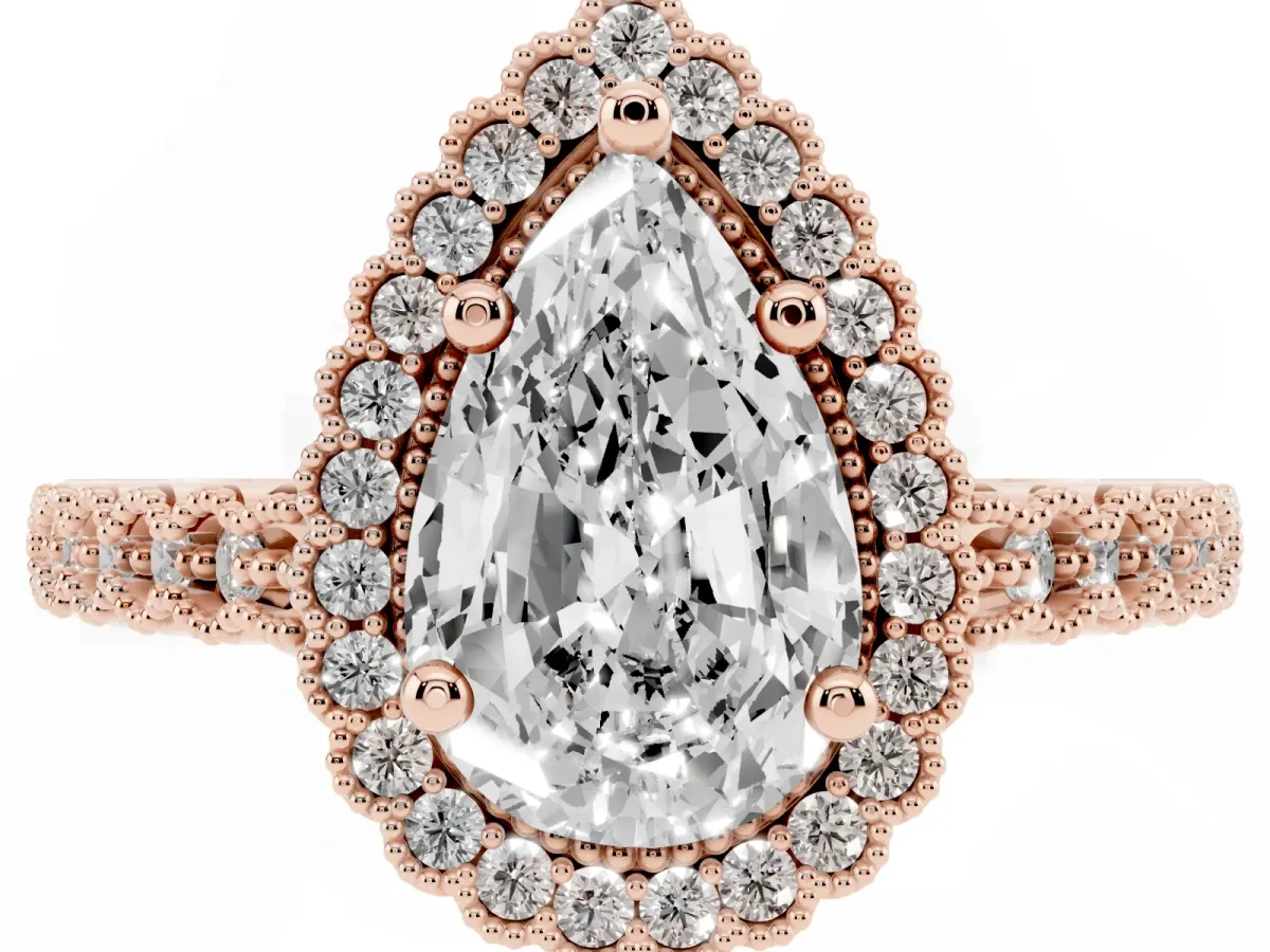 Pear Cut Cut Halo Pavé Solitaire Ring with Milgrain Band Rose gold