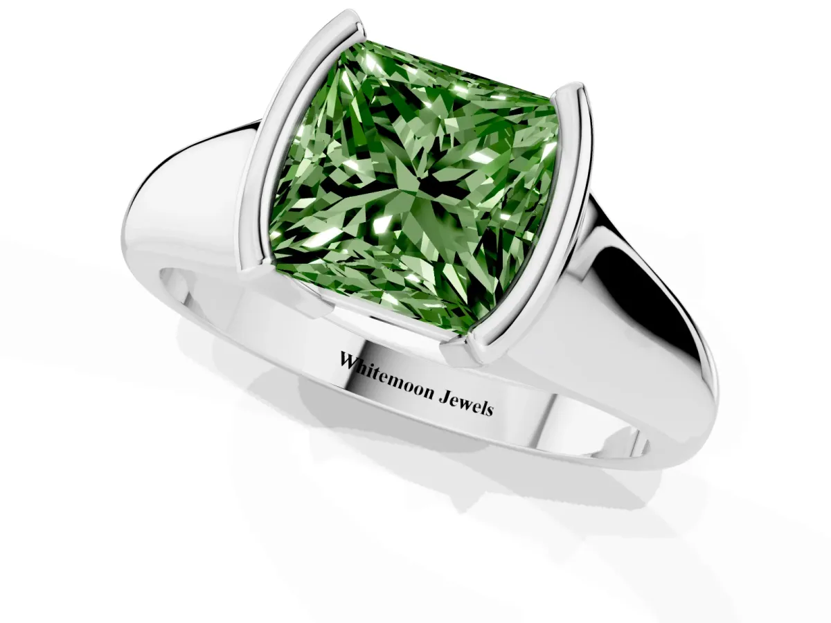 Fancy Green Princess Cut Solitaire Tension Set Diamond Ring with Split Shank Band Silver
