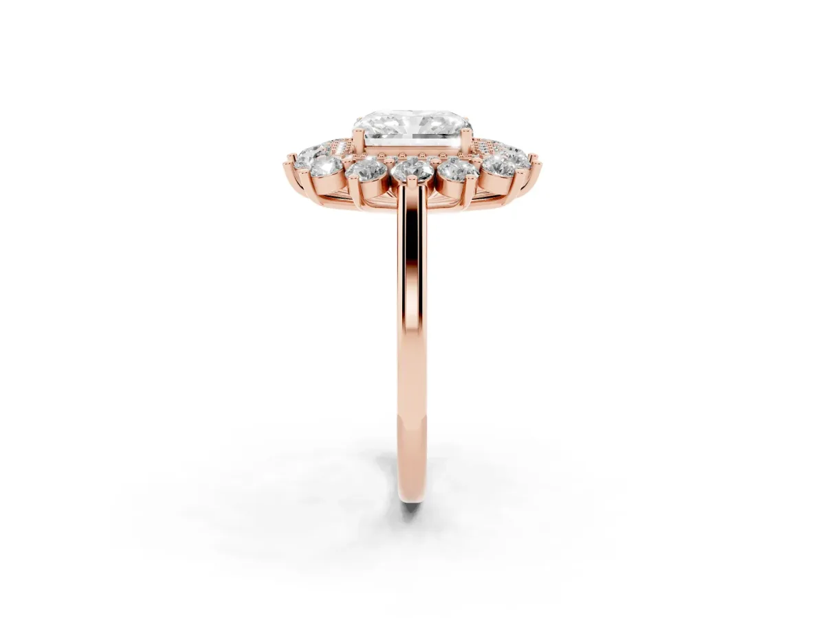 Radiant Cut Diamond Floral Double Halo Engagement Ring with Prong Setting Rose gold