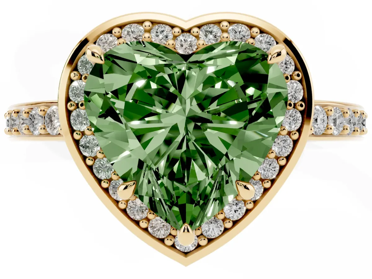 Fancy Green Heart Cut Halo Pave Band Solitaire Ring with Prong Setting Yellow gold