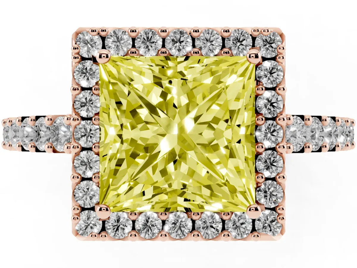 Fancy Yellow Princess Cut Halo Diamond Pavé Solitaire Ring Rose gold