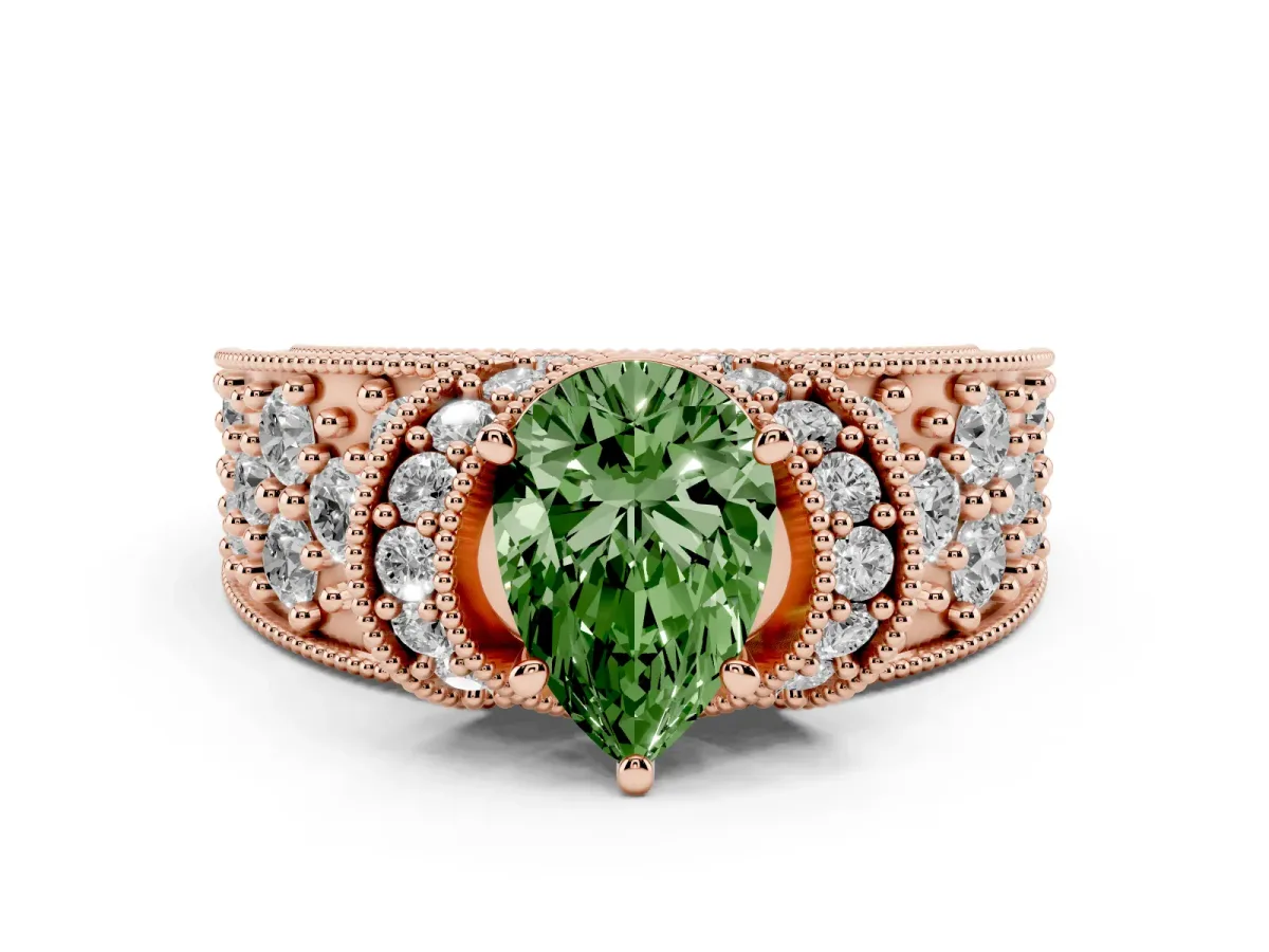Fancy Green Pear Cut Halo Pave Diamond Engagement Ring with Milgrain Detailing Rose gold