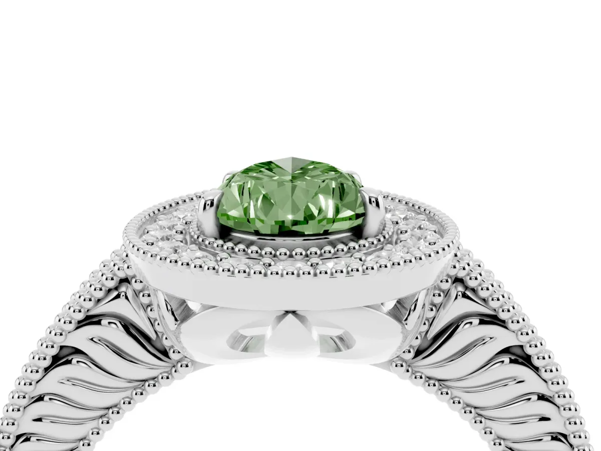 Fancy Green Pear Cut Cut Halo Diamond Ring with Pavé Band and Four-Prong Setting Platinum