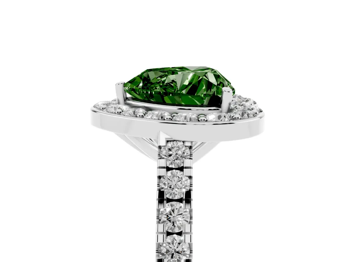 Fancy Green Heart Cut Diamond Halo Ring with Round Pavé Split Shank and Prong Setting White gold