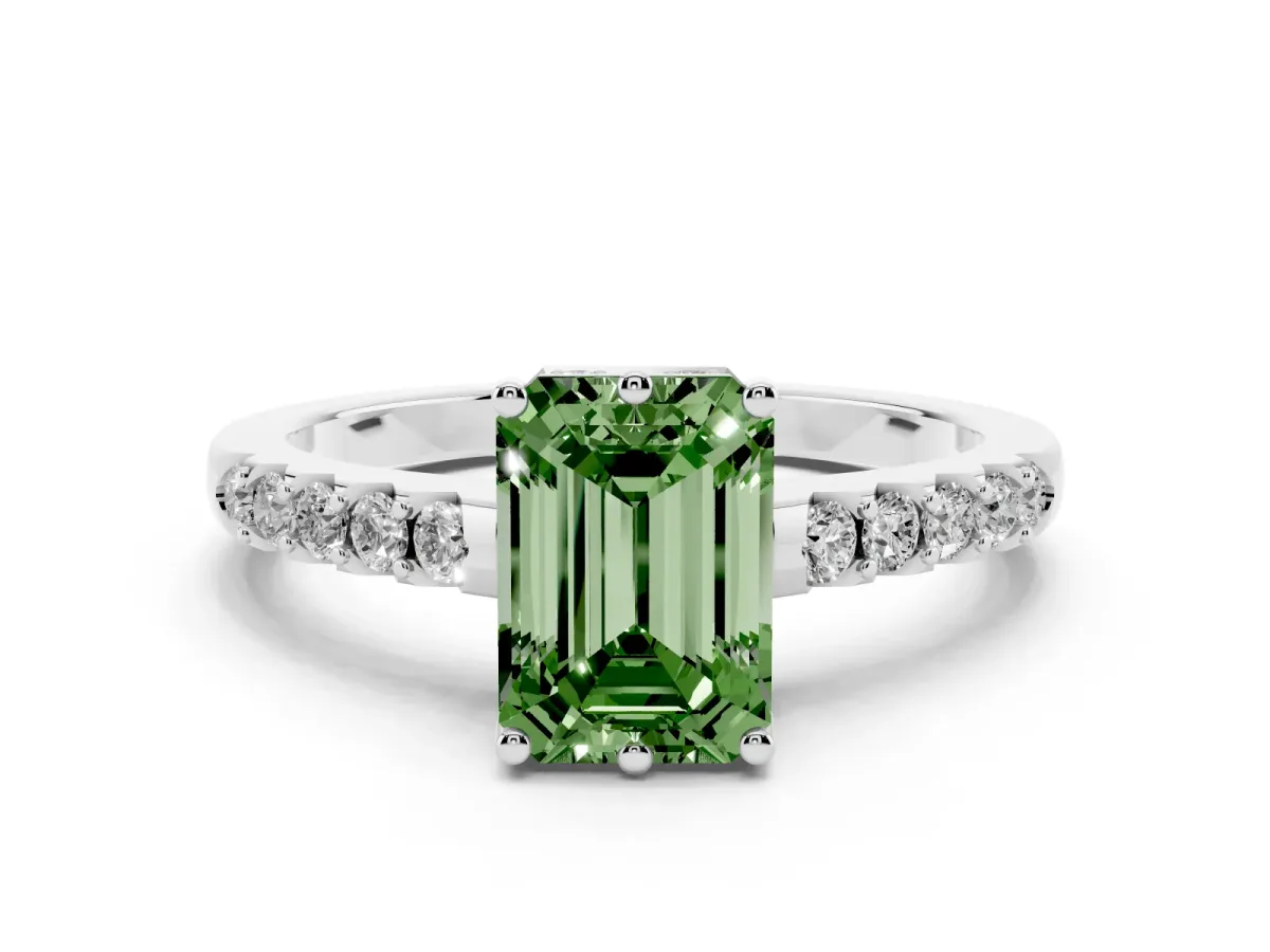 Fancy Green Emerald Cut Solitaire Diamond Engagement Ring with Pavé Band and Six-Prong Setting Silver