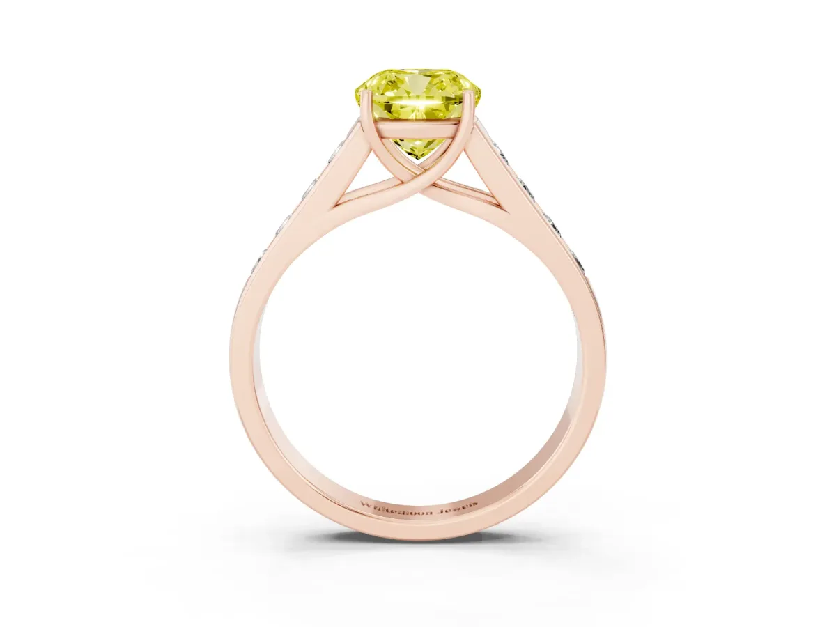 Fancy Yellow Cushion Cut Solitaire Channel-Set Diamond Engagement Ring with Four-Prong Setting Rose gold