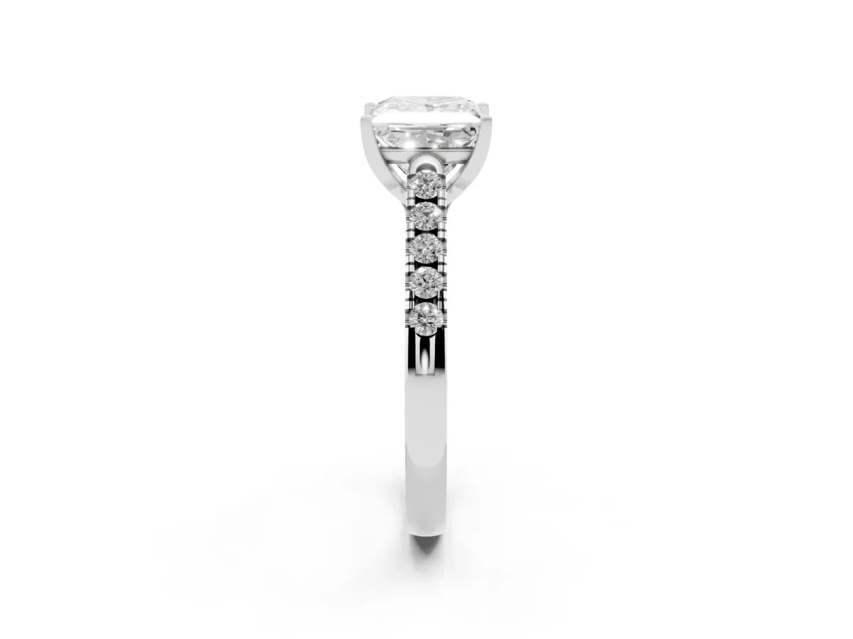 Princess Cut Diamond Pavé Band Solitaire Ring with Prong Setting Silver
