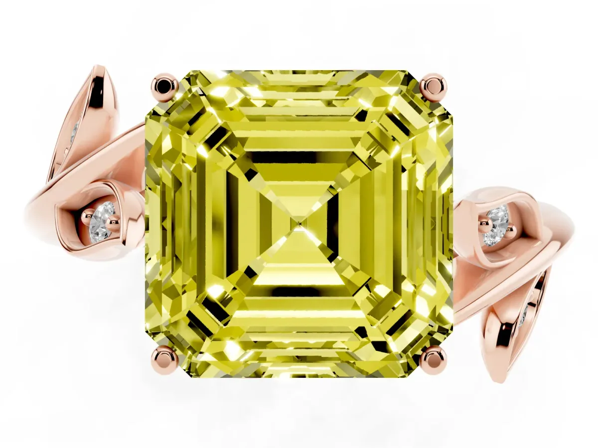 Fancy Yellow Asscher Cut Solitaire Twist Engagement Ring with Leaf Accents and Prong Setting Rose gold