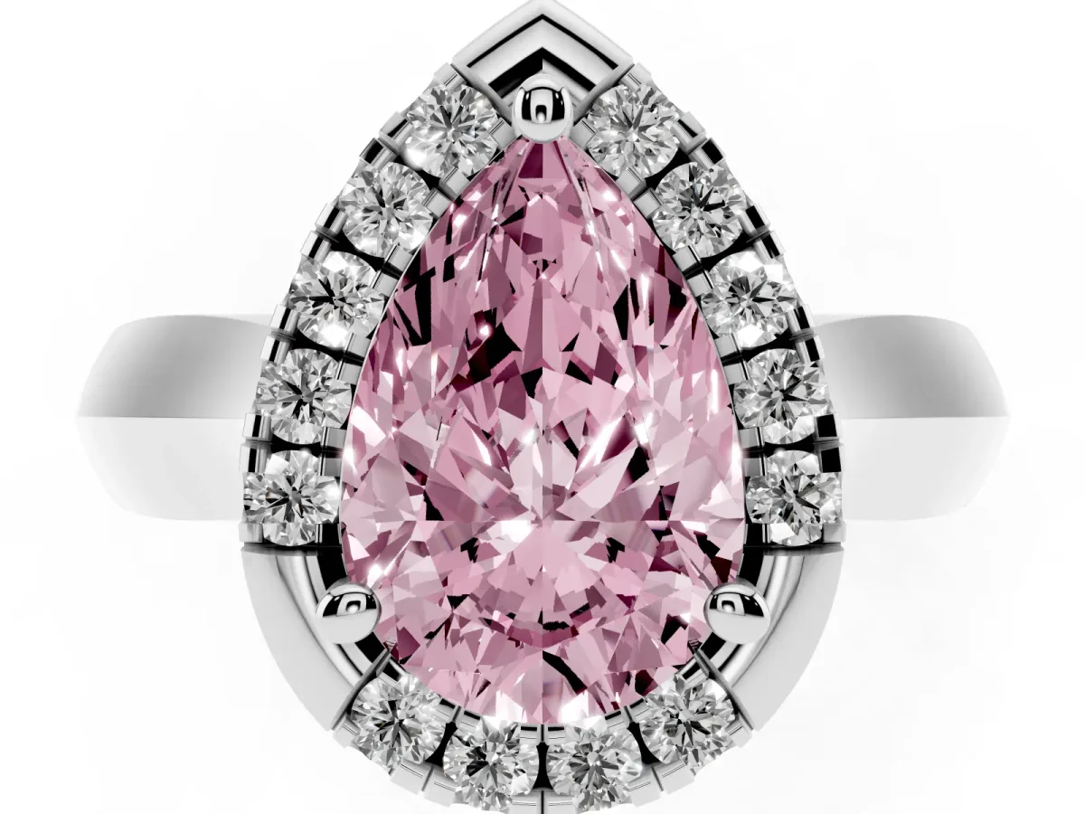 Fancy Pink Pear Cut Cut Halo Solitaire Engagement Ring with Square Band and Four-Prong Setting Silver