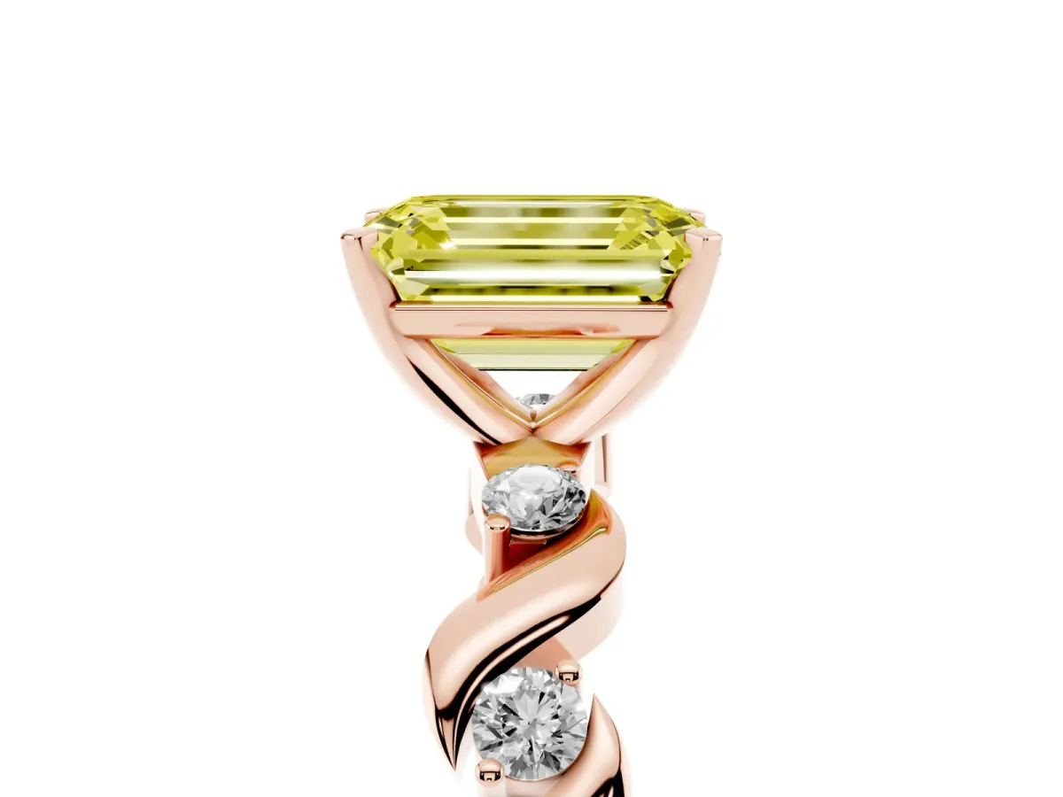Fancy Yellow Emerald Cut Diamond Solitaire Twisted Band with Round Accents and Prong Setting Rose gold