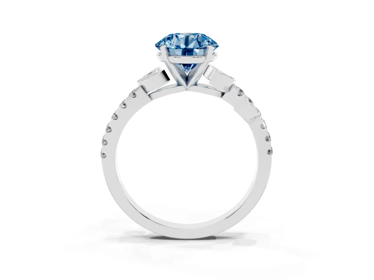 Fancy Blue Round Cut Solitaire Leaf-Inspired Diamond Ring with Pavé Band and Four-Prong Setting Silver