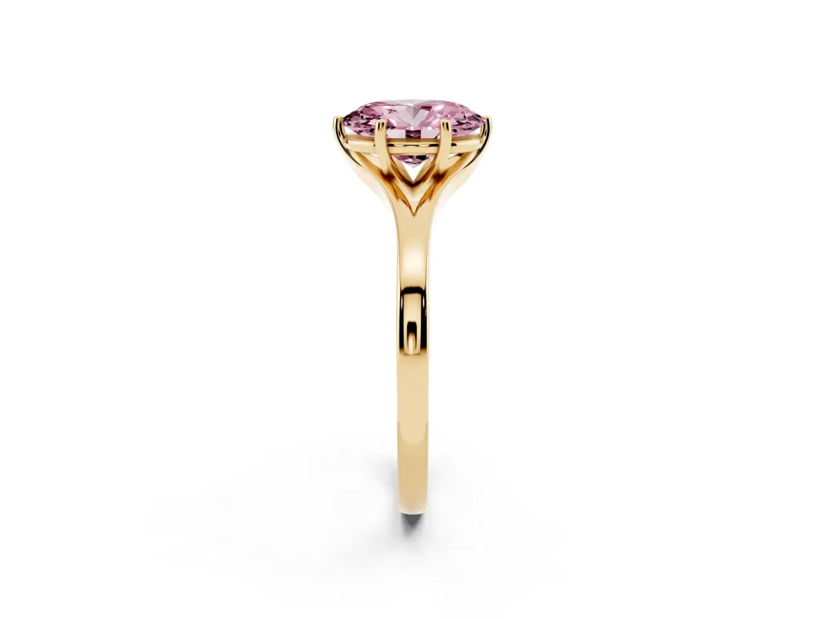 Fancy Pink Oval Cut Solitaire Diamond Ring with Six-Prong Setting and Tapered Band Yellow gold