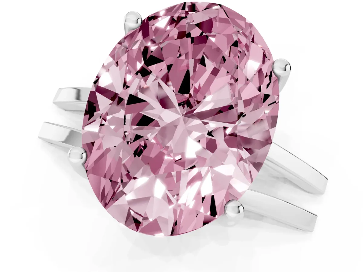 Fancy Pink Oval Cut Cut Diamond Solitaire Engagement Ring with Tapered Plain Band and Four-Prong Setting Silver