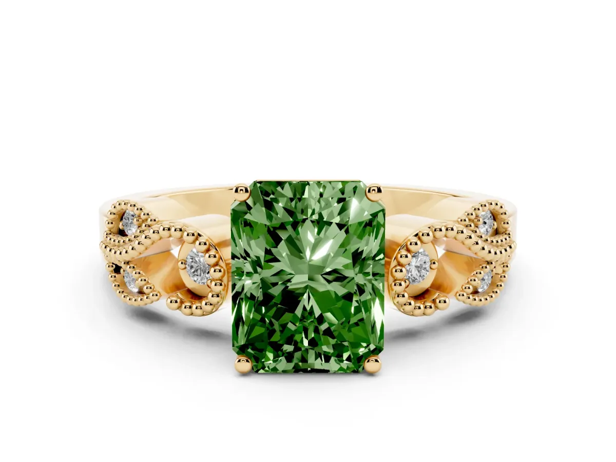 Fancy Green Radiant Cut Solitaire Milgrain Leaf Band with Prong Setting Yellow gold