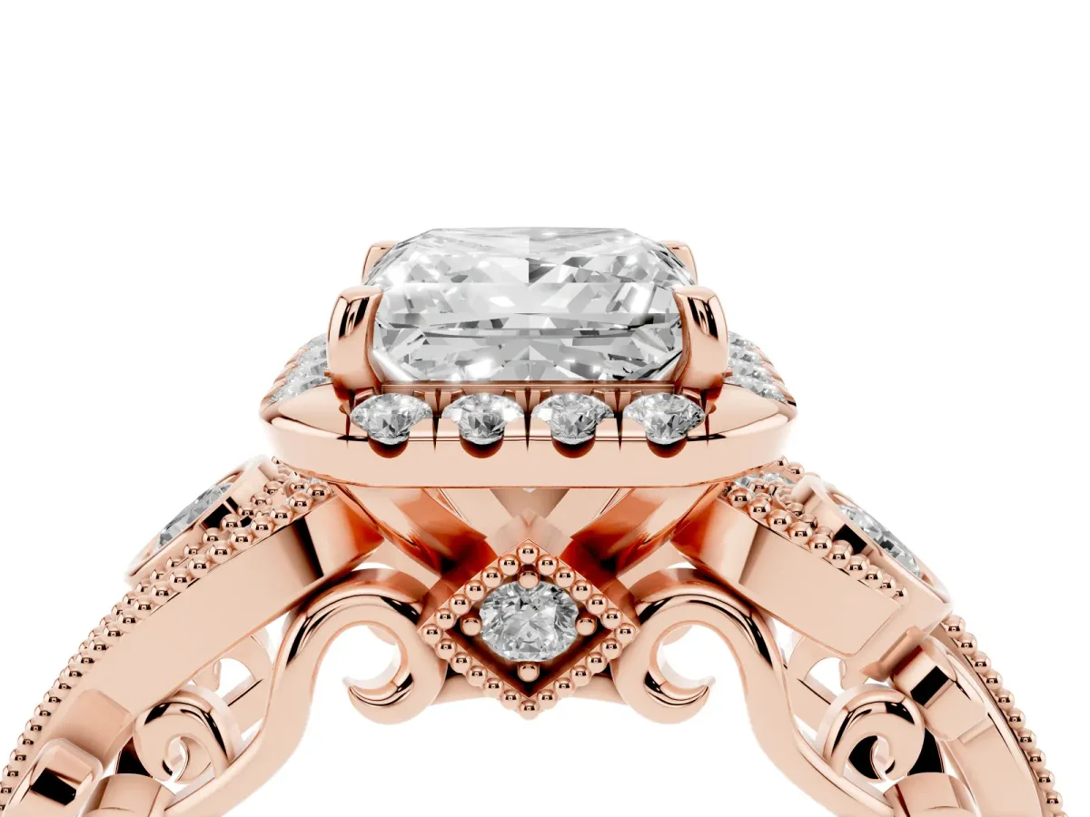 Princess Cut Diamond Halo Ring with Milgrain Pavé Band and Four-Prong Setting Rose gold
