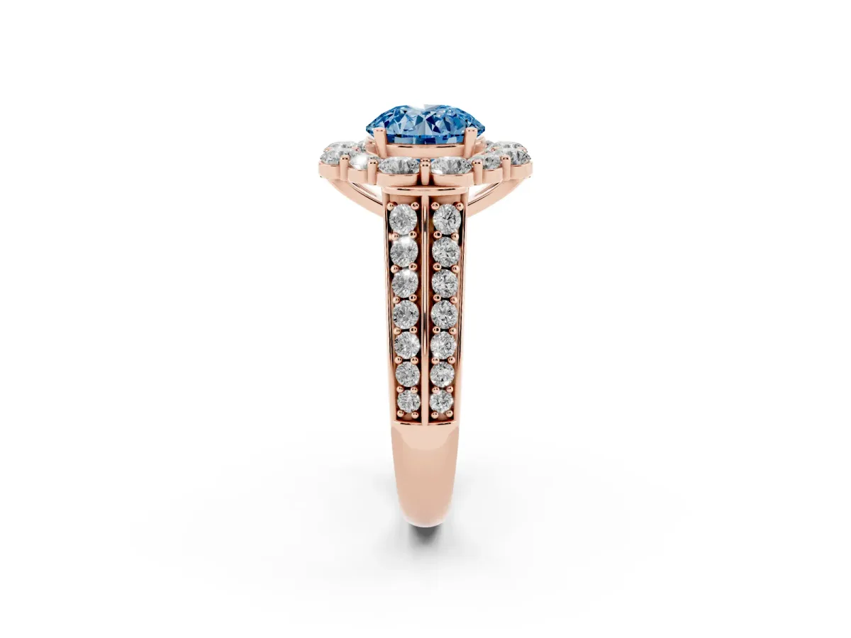 Fancy Blue Round Cut Halo Diamond Engagement Ring with Split Shank and Prong Setting Rose gold