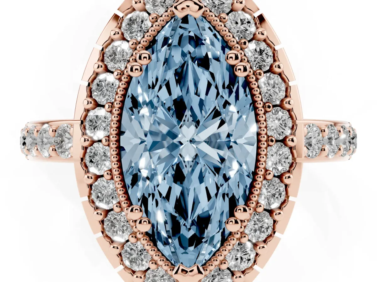 Fancy Blue Marquise Cut Diamond Halo Ring with Pavé Band and Prong Setting Rose gold