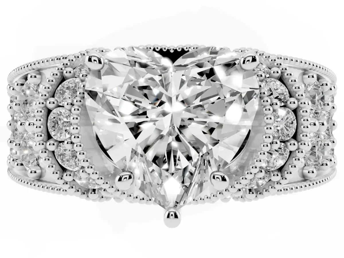 Heart Cut Halo Pave Diamond Engagement Ring with Milgrain Detailing Silver