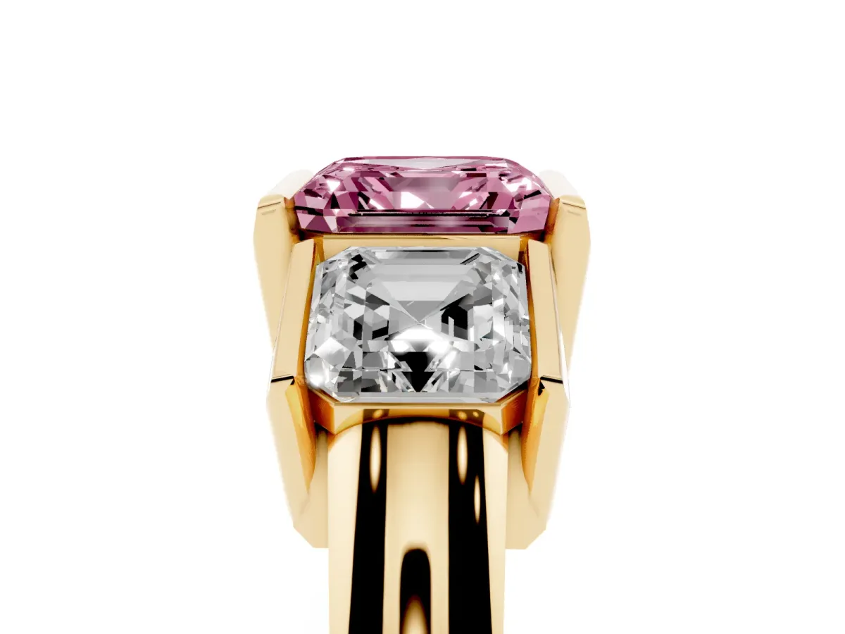 Fancy Pink Three Stone Asscher Cut Cut Channel Set Diamond Ring Yellow gold